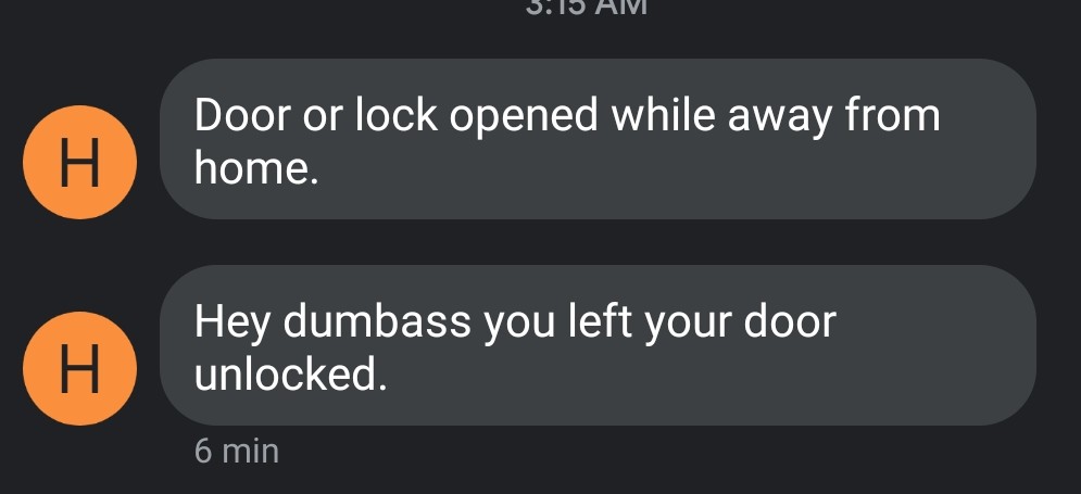 Image of notification sent if I forget to lock up.